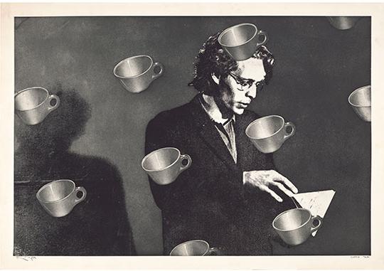 artwork, printed image of man overlayed with teacups